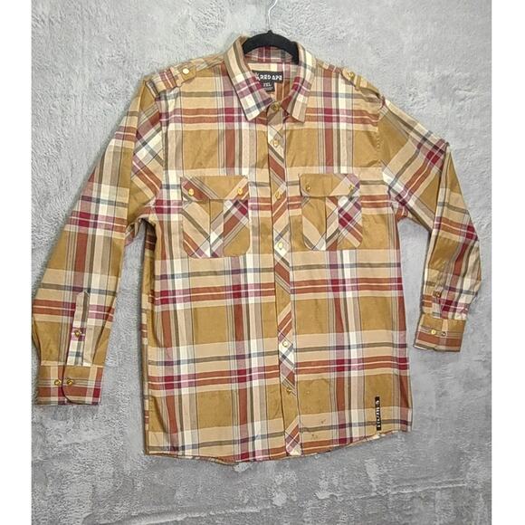 Red Ape Mens Plaid Button Down Gold Buttons Long Sleeve Dress Shirt Size 2XL MCM - Picture 11 of 11